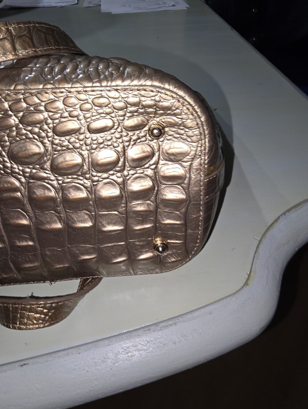 Brahmin Metallic Bronze Gold Croc Embossed Leather Large Tote Bag Tassel Charm - Picture 8 of 12
